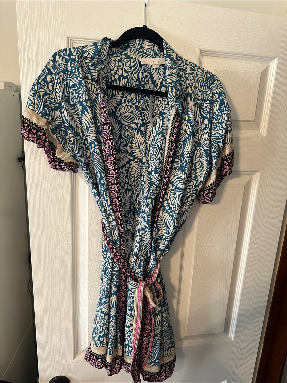 LOFT Blue Floral Short Wrap Dress with Pink Trim